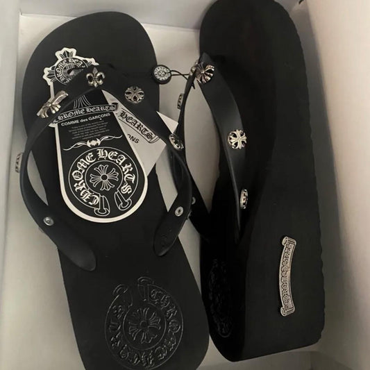 black chrome heart sandals